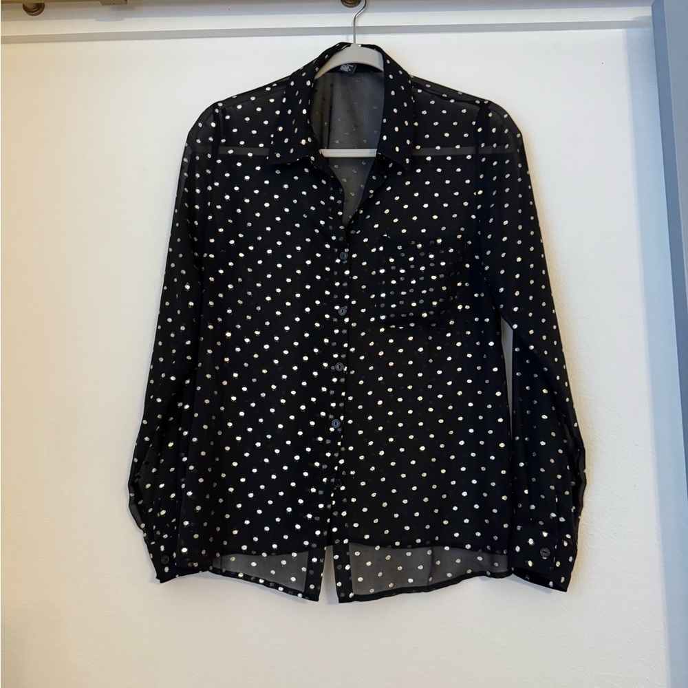 Forever 21 Black Sheer Metallic Silver Polka Dot Button Down Blouse- Medium - Picture 2 of 8